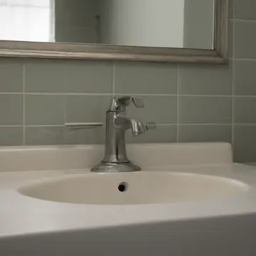 A slow, mineral-stained drip in Bathroom sink counter. The sink is being cleaned after evening use. Chrome faucet drip head