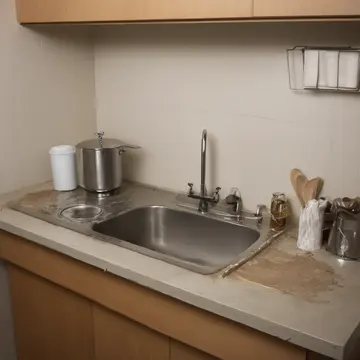 Industrial Mixer in Utility Kitchenette. The mixer is slowly rotating, humming against its usual stationary position. Dripping condensation from the faucet