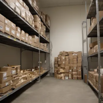 Stack of return labels in Retail backroom corner. A small pile of discarded, addressed shipping labels sits near a low shelf. Yellowed receipt paper