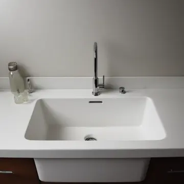 Stainless steel prep sink in Utility room adjacent to main kitchen. A small, forgotten bowl of soap sits near the drain. Soap scum ring on porcelain