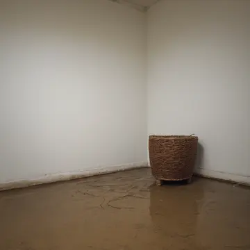 Overturned wicker basket in Utility room corner. A single, damp leaf rests on the rim of the basket. Rust stain on concrete floor