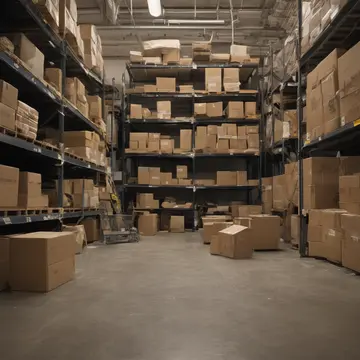 Cardboard packaging stacks in Retail backroom storage area. End-of-day inventory sorting and staging. Dust motes suspended in low light