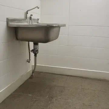 A leaking pipe connection under the counter in Utility sink area of a small community laundromat. The water drips rhythmically onto stained tile grout. Yellowish-gray mineral...