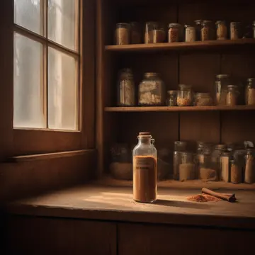 A leaking bottle of spices in Kitchen pantry corner. The contents are slowly staining the shelf below. Dust motes catching afternoon light