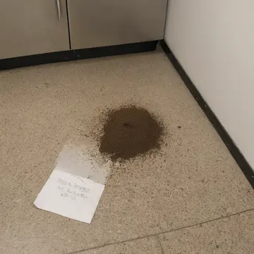 Small bag of birdseed mix in Retail back service counter. The seed has spilled near the exit door during cleanup. Dust on the laminate counter