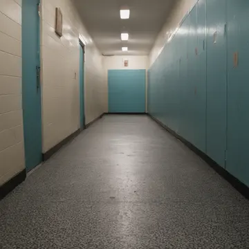 Employee shoe cubbies in Staff transit corridor. Shoes are arranged in an impossible, slightly wet pattern. Wet rubber matting
