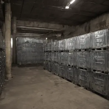 Stacked utility crates in Sublevel storage room near transit lines. A shift in ambient temperature causes condensation to run down the metal shelving. Water streaks on galvanized...