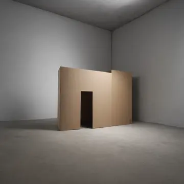 Cardboard packaging stacks in Retail stockroom corner. A single, perfectly placed box rests on an uneven surface. Gray corrugated edges