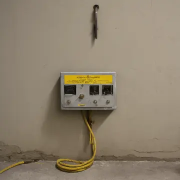 Spools of electrical wire and coiled cords in Suburban basement utility closet. A precise, repetitive arrangement of functional parts. Dust layer on the concrete floor