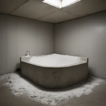 Utility sink foam in Retail stockroom corner. Foam gathers into the shape of postponed tasks. Yellowish-gray soap film