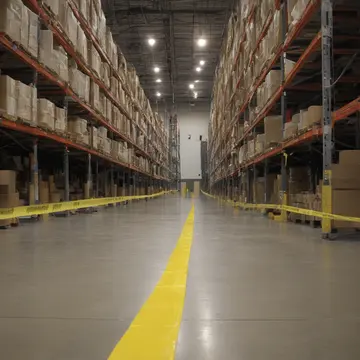 Floor tape line in Stockroom aisle near loading bay. A routine inventory check is underway, halting at an invisible boundary. Yellow caution tape