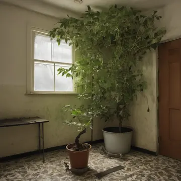 Ficus benghalensis sapling in Utility room adjacent to botanical archive. A night operator is cataloging plant growth rates. Dust on the tile floor