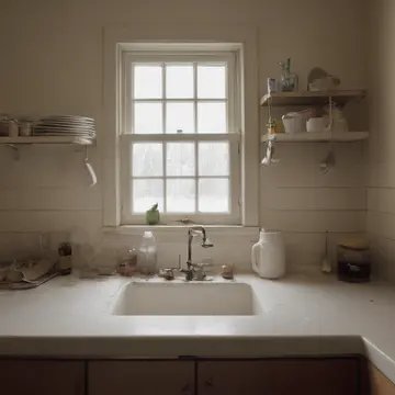 A ceramic breadboard in Kitchen prep counter near sink. The board is arranged with various kitchen tools, waiting for use. Damp soap residue near the faucet