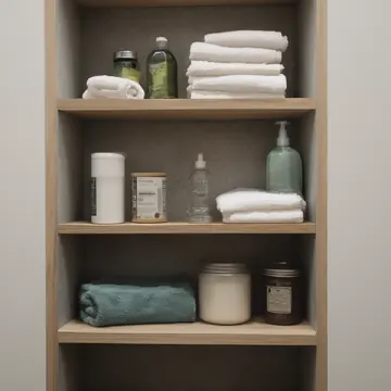 Damp cedar shelving unit in Utility closet near laundromat. A stack of folded, wet linens is shifting slightly on the shelf. Water droplets running down painted metal pipes
