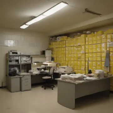 Cardboard filing box stack in Office supply room corner. A routine inventory check is being performed after hours. Dust motes suspended in yellow light