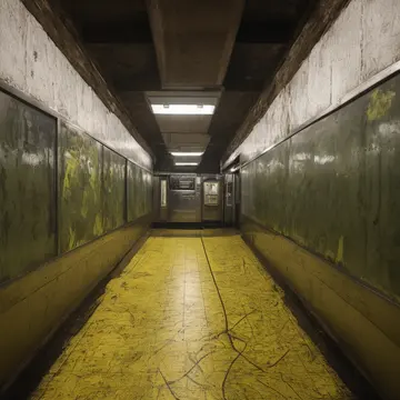 Service announcement speaker in Subway transfer vestibule. A brief, repeating directional chime plays over the PA system. Yellowed vinyl floor tiles