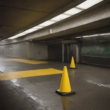 Yellow traffic cone in Subway transfer vestibule. A driver is leaning against the cone, waiting for his fare. Wet vinyl tiles