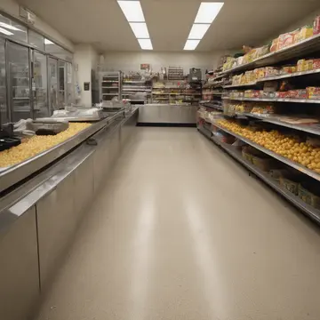 The small brass bell in Grocery store service counter. The night stocker is wiping down the conveyor belt while the last customer leaves. Damp vinyl tiles