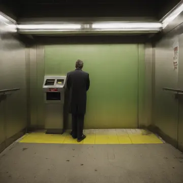 Ticket dispenser unit in Subway turnstile vestibule. Night attendant performing end-of-day count and cleaning. Wet vinyl tile seams