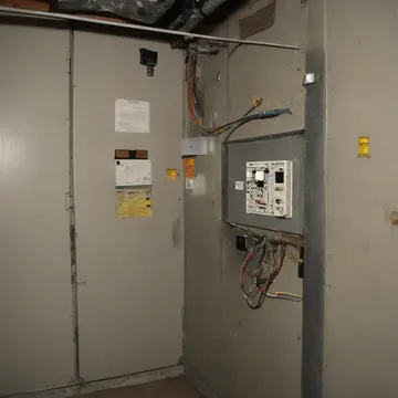 Junction box panel in Utility closet near service entrance. A maintenance worker checks the wiring connections after a system refresh. Dust film on painted metal