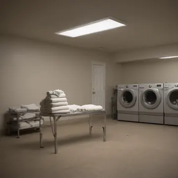 A stack of freshly folded white towels in Commercial laundry utility room corner. The operator is preparing to close down and organize the linens for the night. Slightly damp grout...