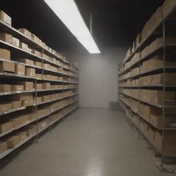 Inventory shelf unit in Retail storeroom corner. Night operator performing end-of-day count. Cardboard boxes stacked high