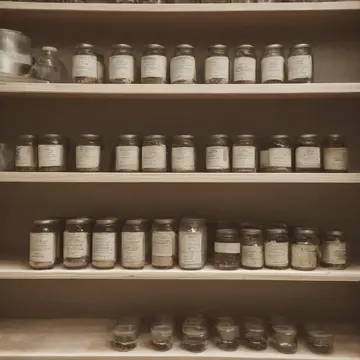 Small potted herb plant in Utility pantry shelf. The label on the shelf keeps changing its handwritten text. Faded wood grain of shelf