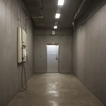 Stacked industrial shelving unit in Underground utility access corridor. A delay forces workers to notice the same small, repeated maintenance error. Dust film on metal surfaces
