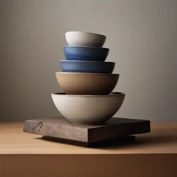 A stack of ceramic mixing bowls in Kitchen pantry corner. The bowls are arranged in an unnatural, slightly tilted pyramid. Dried flour dusting the countertop