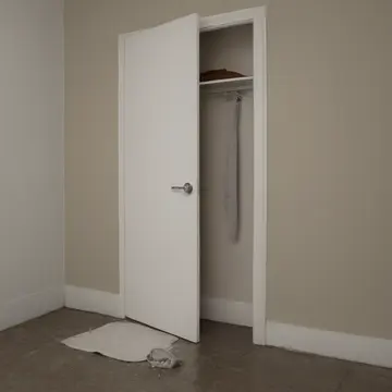 Rubber doorstop in Bathroom linen closet. A routine closing and securing of the closet door. Yellowed linen stack