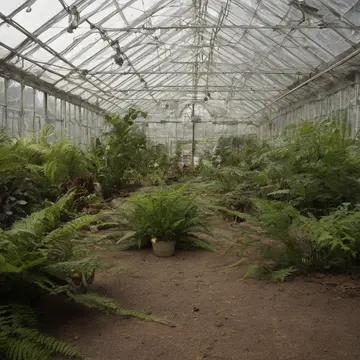A single potted fern in Botanical greenhouse service area. Late afternoon cleanup of the display rooms. Damp potting soil on the floor