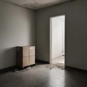 A stack of mismatched filing boxes in Utility room adjacent to a back stairwell. The room is being prepared for an inspection, but objects are subtly shifting into incorrect...