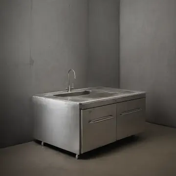 The industrial scale in Kitchen service counter. End-of-day cleanup and staging of kitchen items. Damp soap residue on stainless steel