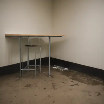 The unused fire extinguisher cabinet in Staff breakroom corner. End-of-day cleanup of shared kitchen space. Damp mop head by the sink