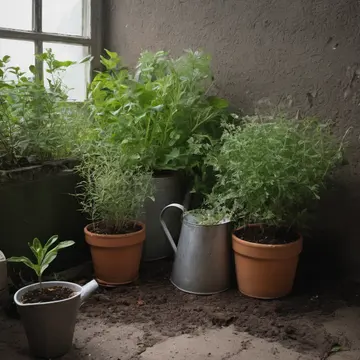 Small potted herbs in Utility room corner. Evening watering and pruning routine. Damp leaf tips