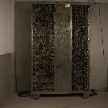 Spools of unused electrical wire and coiled cords in Service closet adjacent to main corridor. The night operator is methodically organizing spare parts and wiring into labeled...