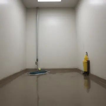 Mop bucket and hanging cloths in Restroom utility alcove. End-of-day cleaning routine is concluding. Wet linoleum tile