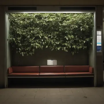 Overgrown ficus plant in Station corner waiting booth. Night operator performs final inventory check before lockup. Dust film on the glass timetable
