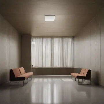 A single, overstuffed armchair in Lobby waiting area of a municipal building. The room is meticulously staged for an expected arrival that has been delayed indefinitely. Dust motes...