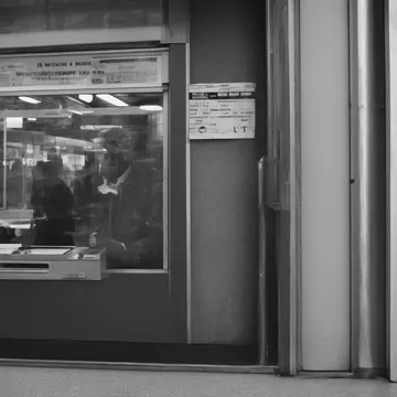 Ticket window shade in Municipal Transit Ticket Window. A person asks a simple question about routes. Dust on glass pane