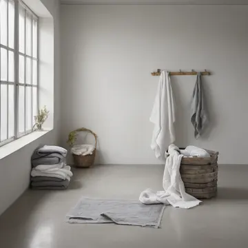 Stack of freshly laundered towels in Utility laundry room corner. Towels are folded and stacked too geometrically, defying natural drape. Steam-dampened concrete floor