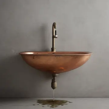 Copper plumbing fixture in Utility sink alcove. A slow, rhythmic drip of water follows an established household schedule. Verdigris buildup on brass handles