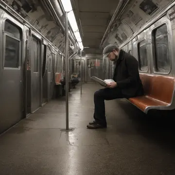 Waiting room clipboard in Subway transfer mezzanine. A commuter is reviewing the schedule while others pass by. Fluorescent strip light flicker
