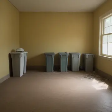 Stacked storage bins in Suburban utility room. The room is being prepared for an unseen arrival. Cardboard dust on linoleum floor