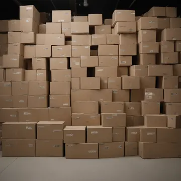 Cardboard packaging stacks in Retail backroom staging area. A meticulous arrangement of empty, branded boxes awaiting next season's display. Yellow masking tape strips