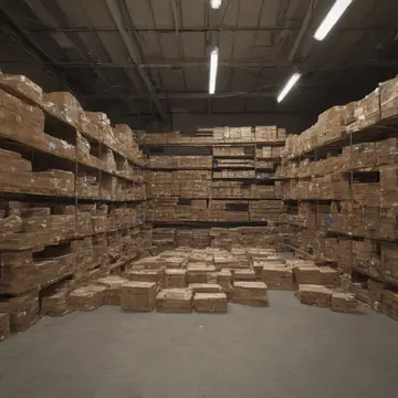 Cardboard packaging stacks in Retail backroom staging area. Inventory being sorted for seasonal display setup. Dust motes catching the overhead light