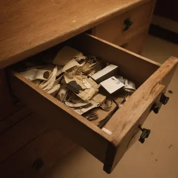Overstuffed wooden dresser drawer in Utility closet near staff breakroom. A night operator is organizing old, miscellaneous office supplies. Yellowed manila folders