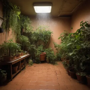 A large potted tropical plant in Utility room adjacent to an indoor botanical display. The caretaker is misting the leaves in a highly structured, repetitive routine. Damp...