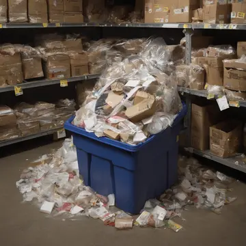Return bin labeled 'Damaged Goods' in Retail stockroom corner. The bin is overflowing with discarded labels and packaging material. Crushed cardboard edges
