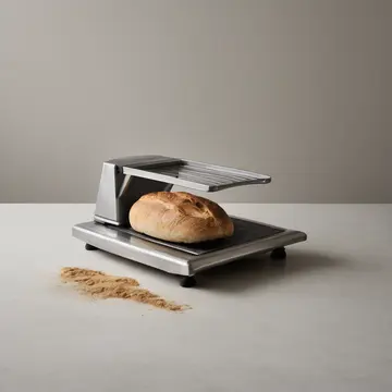Industrial bread slicer in Utility prep kitchen. The machine is running slow, making rhythmic, uneven cuts. Yellowed grout lines
